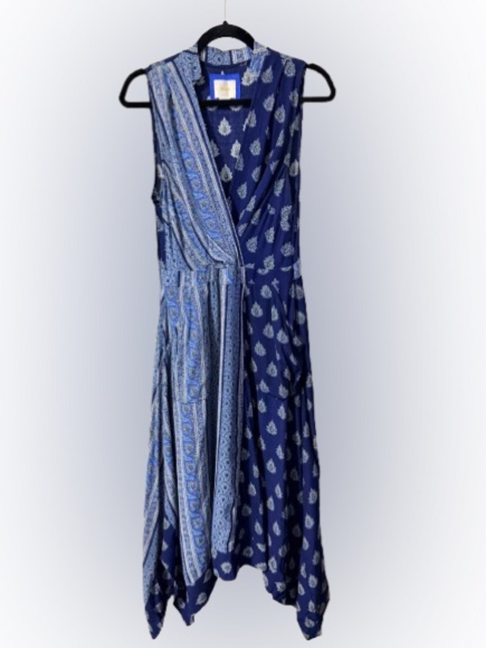 Maeve Anthropologie Eclipsed Faux Wrap Dress Blue Paisley Handkerchief Hem 8